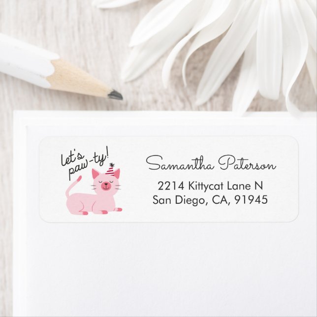 Cute Cat Party Invitation Pink Return Address (Insitu)