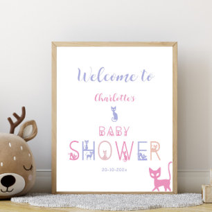 Cute Cat Pastel Colour Baby Shower Welcome Poster