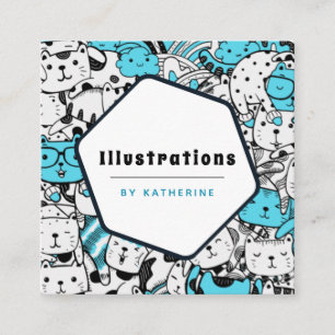 Cute Cat Pattern Cartoonist Graphic Designer Fun   Square Business Card