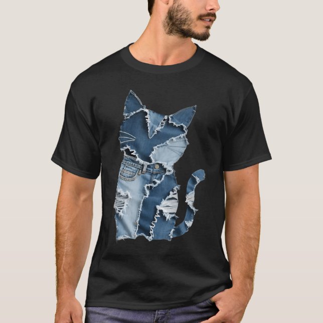 Cute Cat Pattern Denim Patchwork Funny Cat Lover  T-Shirt (Front)