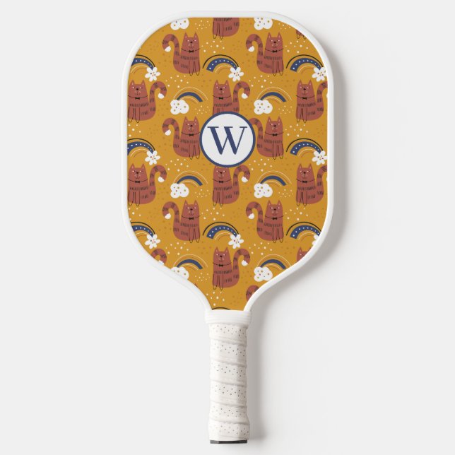 Cute Cat Pattern Monogram Pickleball Paddle (Front)