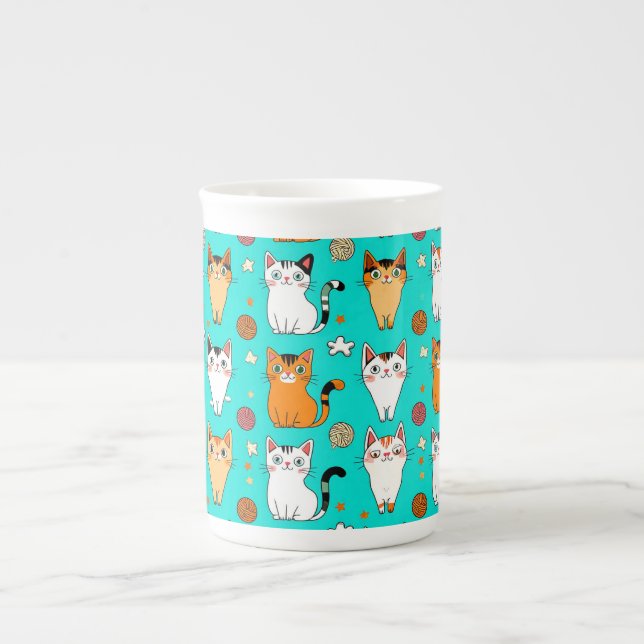 Cute Cat Pattern With Colourful Cats, Yarn Balls Bone China Mug (Front)