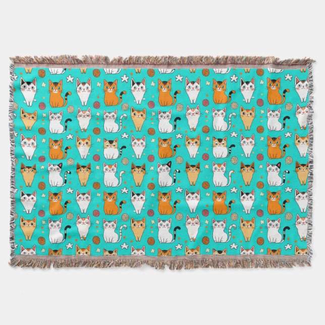 Cute Cat Pattern With Colourful Cats, Yarn Balls Throw Blanket (Front)