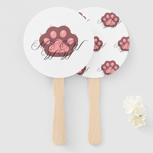  Cute Cat Paw "MEOW" Calligraphy – Adorable Kitty  Hand Fan (Front and Back)