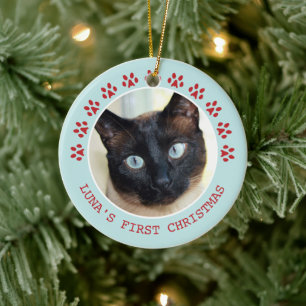 Cute Cat Paw Prints Photo Frame Christmas Ceramic Tree Decoration