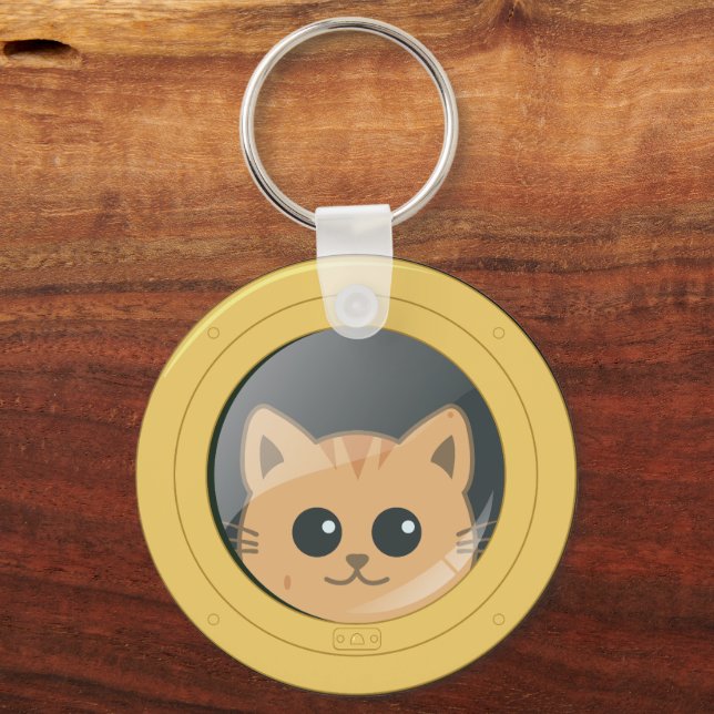 Cute Cat Peeking Through Boat Porthole Window Key Ring (Front)