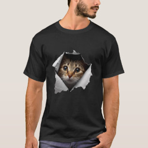 Cute Cat Peeking Through Ripped Paper Funny Cat Lo T-Shirt