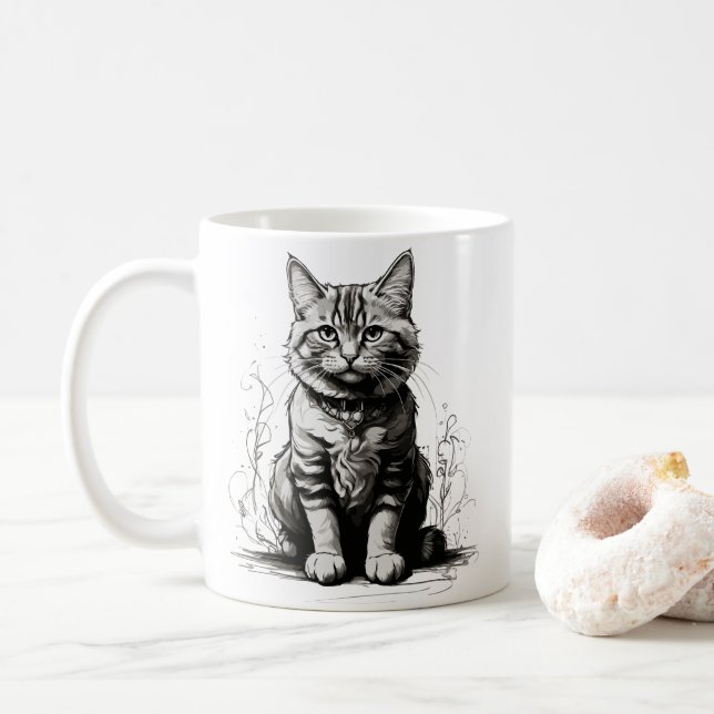 Cute Cat Pencil Sketch Coffee Mug (With Donut)