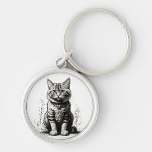 Cute Cat Pencil Sketch Key Ring