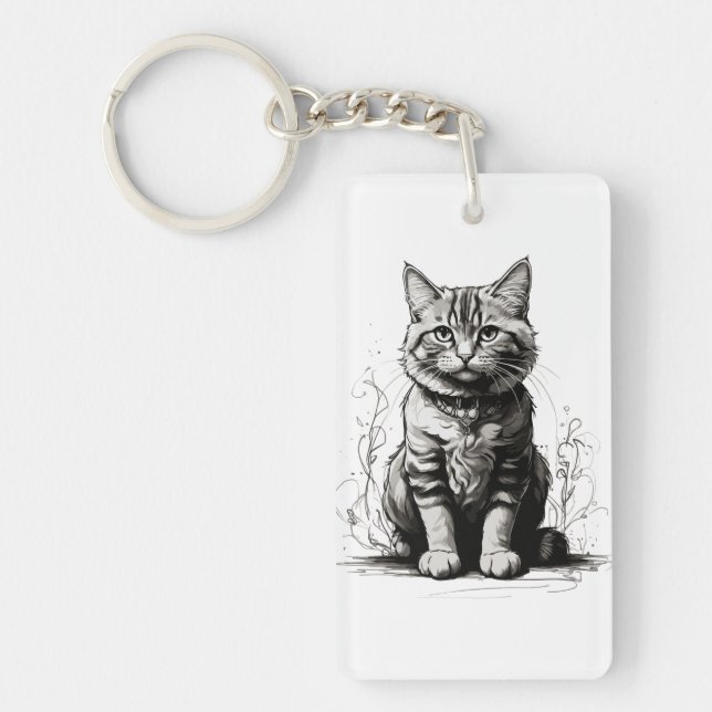 Cute Cat Pencil Sketch Key Ring (Front)