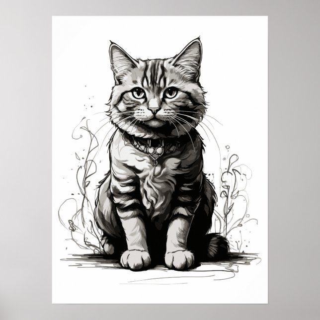 Cute Cat Pencil Sketch Poster (Front)