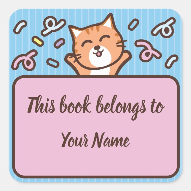 Cute Cat Personalised Bookplate Sticker (Front)