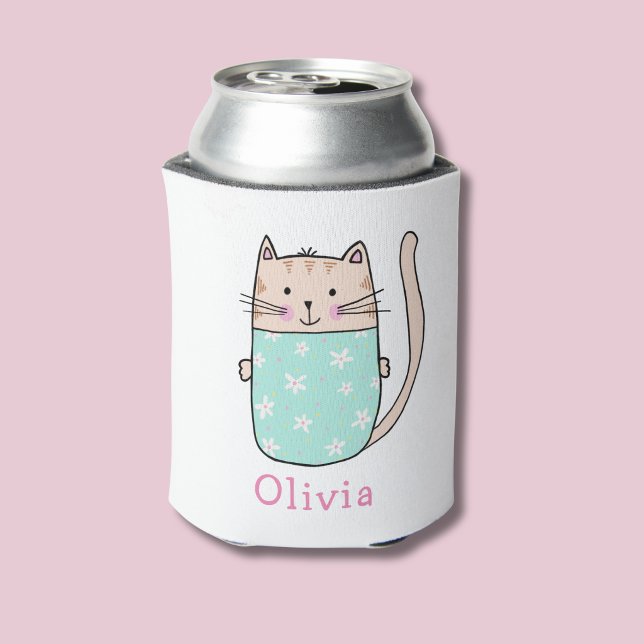 Cute Cat Personalised Custom Name Can Cooler (Kitty Cat pattern personalized can cooler)