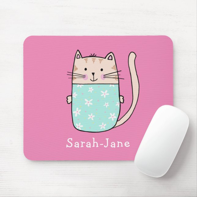 Cute Cat Personalised Custom Name Pink Mouse Pad (With Mouse)