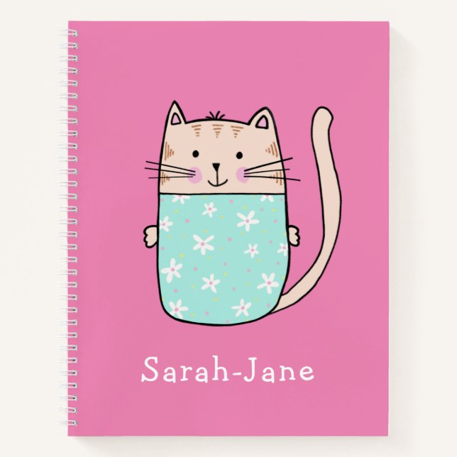 Cute Cat Personalised Custom Name Pink Notebook (Front)