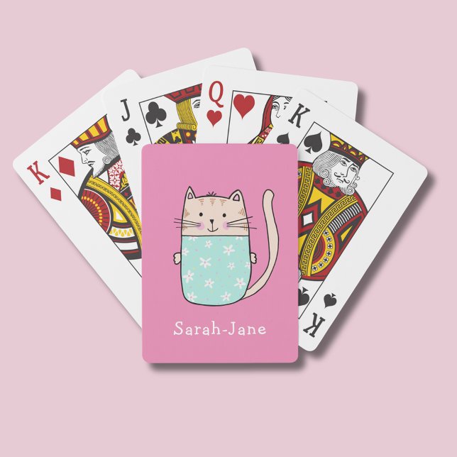 Cute Cat Personalised Custom Name Pink Playing Cards (Personalised playing cards with illustrated cat wearing a floral outfit on a pink background.)