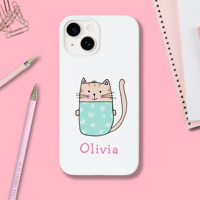 Cute Cat Personalised First Name Case-Mate iPhone Case (Cute illustrated cat iPhone case cover with personalized name)