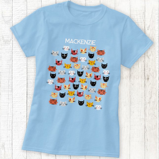 Cute Cat Personalised T-Shirt (Fun cat faces personalized name t-shirt)