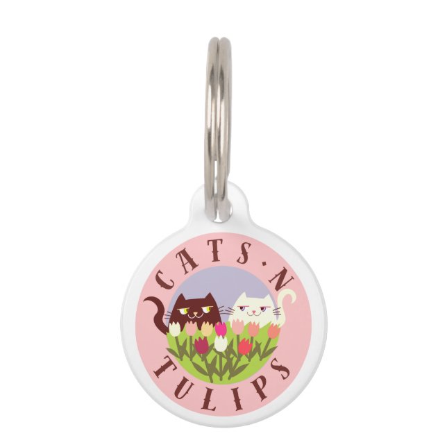 Cute Cat Pet ID Tag Pink Tulips Name (Front)