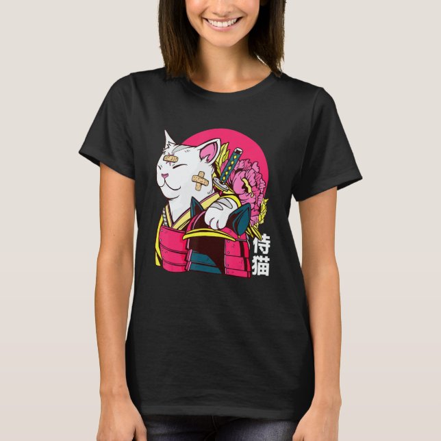 Cute Cat Pet Ninja Samurai Japanese Kanji Design T-Shirt (Front)