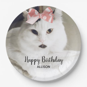 Cute Cat Photo Birthday White Pink Personalised Paper Plate