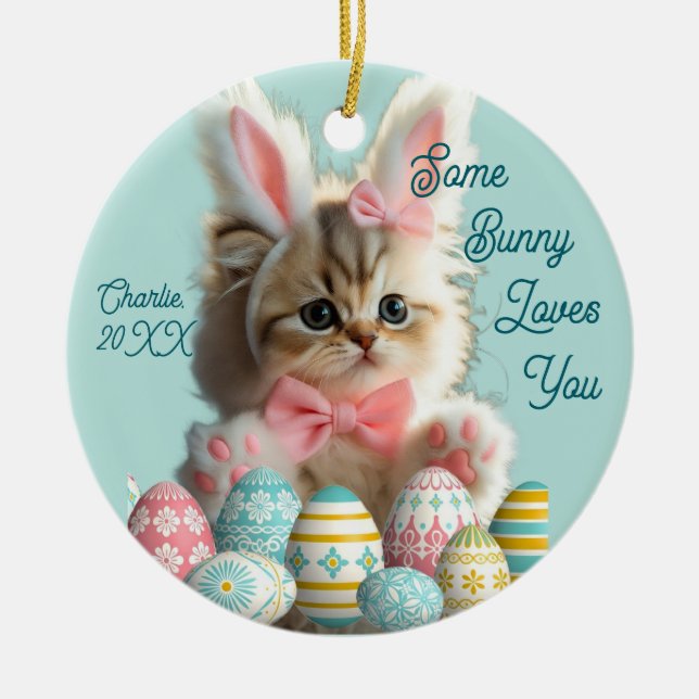 Cute Cat Photo Bunny Ears Blue  Ceramic Tree Decoration (Front)