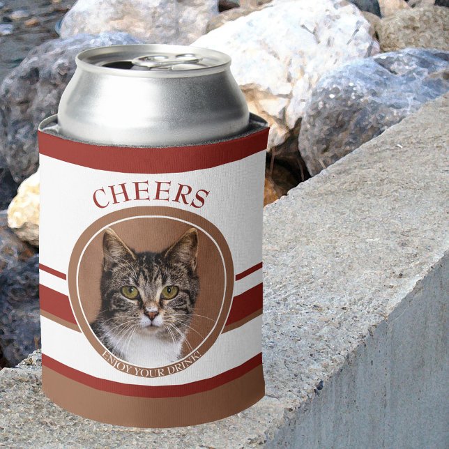 Cute Cat Photo Can Cooler (Can cooler featuring your custom cat photo on a striped background, with cute cat paws on the bottom)