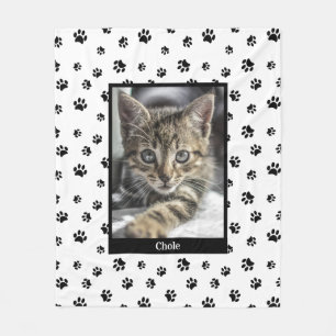 Cute Cat Photo Name Black Paw Prints Pattern Fleece Blanket
