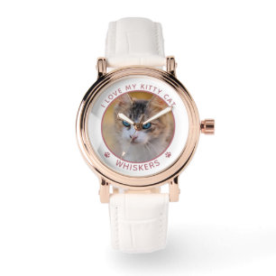 Cute Cat Photo Name Pink Paw Prints Personalised Watch