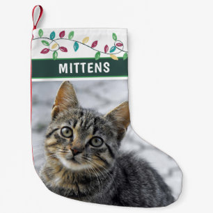Cute Cat Photo Watercolor Holiday Lights Green Small Christmas Stocking