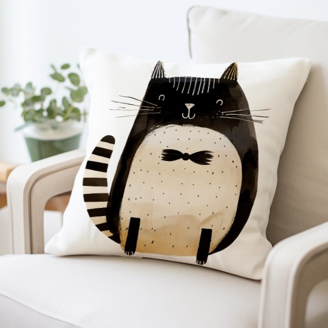 Cute Cat Pillow, Black and White Cat Cushion (Creator Uploaded)