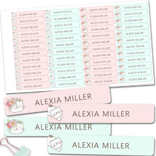 Cute Cat Pink Blue Girl School Name Labels