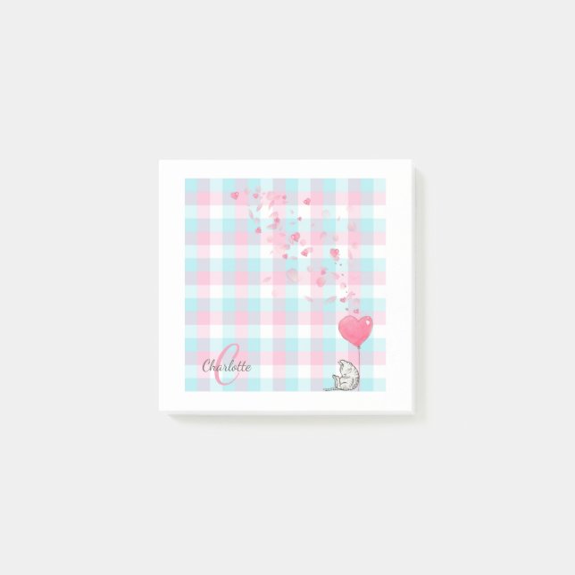Cute Cat Pink Blue Monogram Post-it Notes (Front)