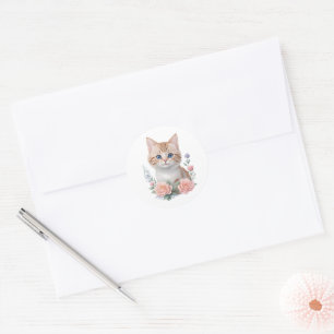 Cute Cat Pink Floral  Classic Round Sticker
