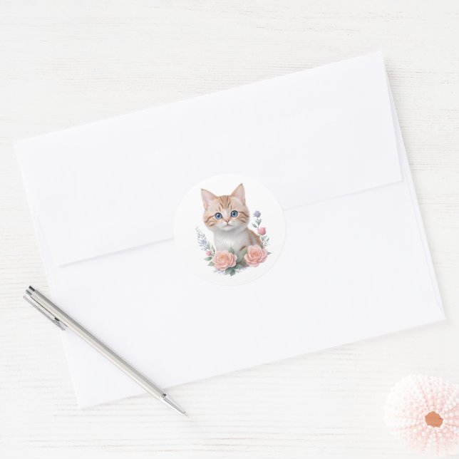 Cute Cat Pink Floral  Classic Round Sticker (Envelope)