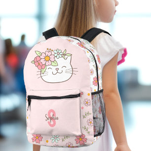 Cute Cat Pink Floral Girl Name Monogram Kids Printed Backpack