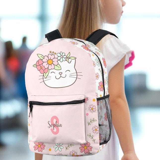 Cute Cat Pink Floral Girl Name Monogram Kids Printed Backpack (Cute Cat Pink Floral Girl Kids Printed Backpack)