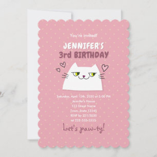 Cute Cat Pink Kids Birthday Invitation