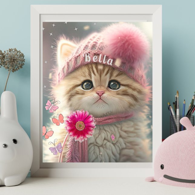 Cute Cat Pink Knit Scarf Hat Floral Personalised  Poster (Creator Uploaded)
