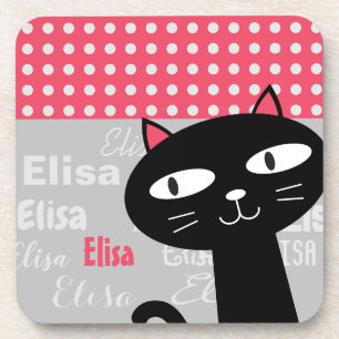 Cute cat pink polka dots personalised name coaster