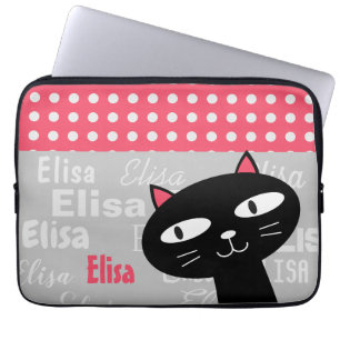 Cute cat pink polka dots personalised name laptop sleeve