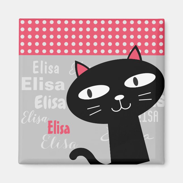 Cute cat pink polka dots personalised name  magnet (Front)