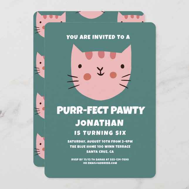 Cute Cat Pink Purrfect Pawty Birthday Party  Invitation (Creator Uploaded)