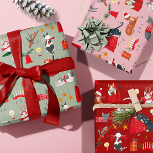 Cute Cat Pink Red Green Retro Pattern Christmas  Wrapping Paper Sheet