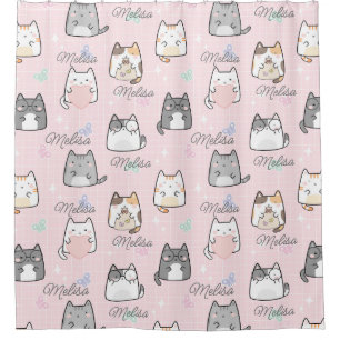 Cute Cat   Pink Repeating Name personalised girly Shower Curtain