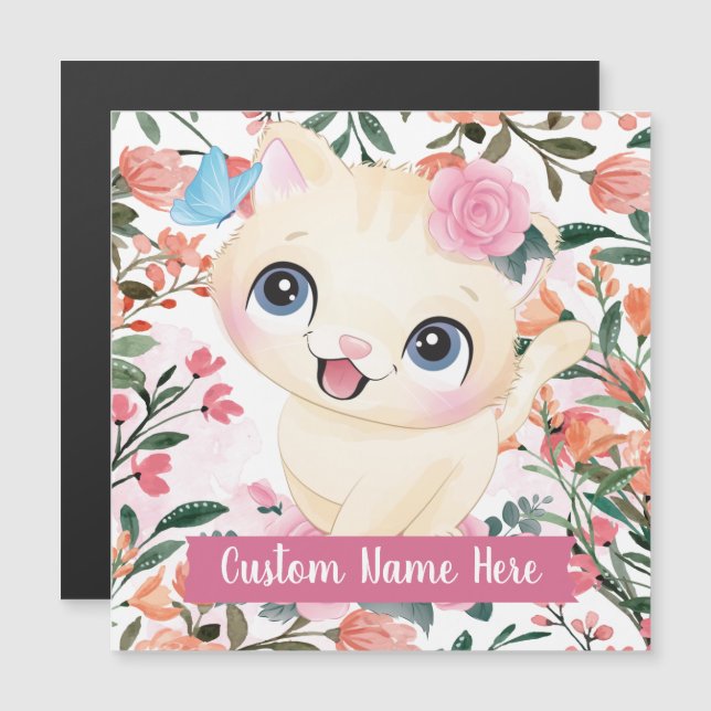 Cute Cat Pink Roses Blush Flowers Custom Name (Front/Back)