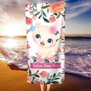 Cute Cat Pink Roses Blush Flowers Custom Name Beach Towel