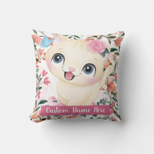 Cute Cat Pink Roses Blush Flowers Custom Name Cushion