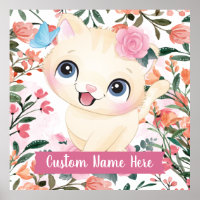 Cute Cat Pink Roses Blush Flowers Custom Name