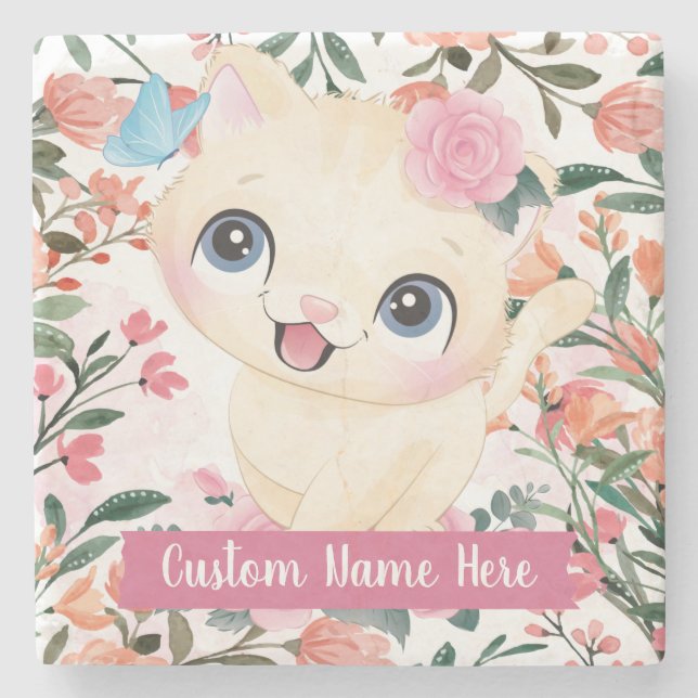 Cute Cat Pink Roses Blush Flowers Custom Name Stone Coaster (Front)